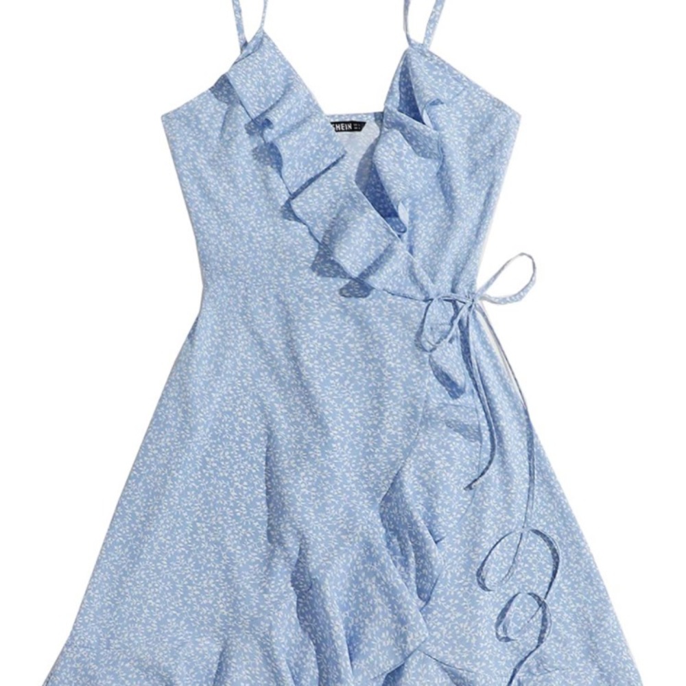 SheIn Women's Summer Sleeveless Ruffle Self Tie Wrap Short Dress - Picture 2 of 4